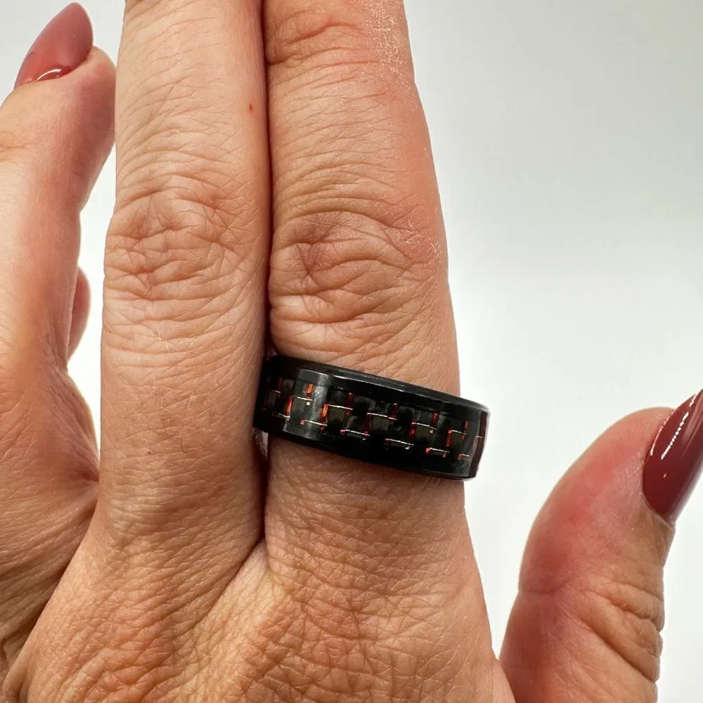 Men's 11.75 black toned‎ metal with woven design in red, ring/wedding band!